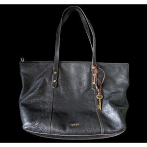 Fossil Jenna Black Pebbled Leather Tote Shoulder Bag Purse Large Zipper
